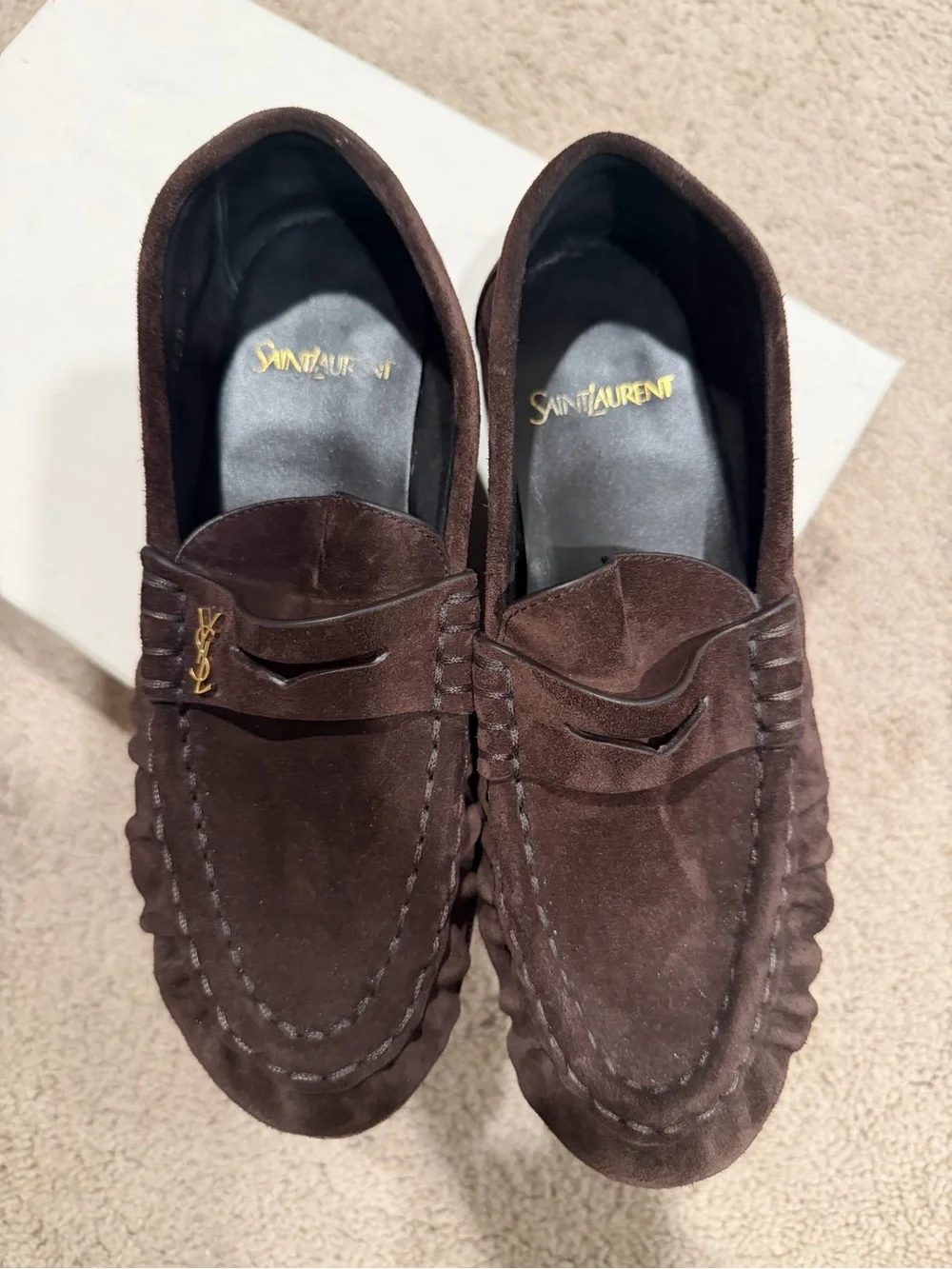 Saint Laurent Dark Brown Suede Penny Loafers with Gold YSL Logo